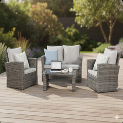 4-Piece All Weather Wicker Patio Conversation Set with Gray Cushions and Glass Table