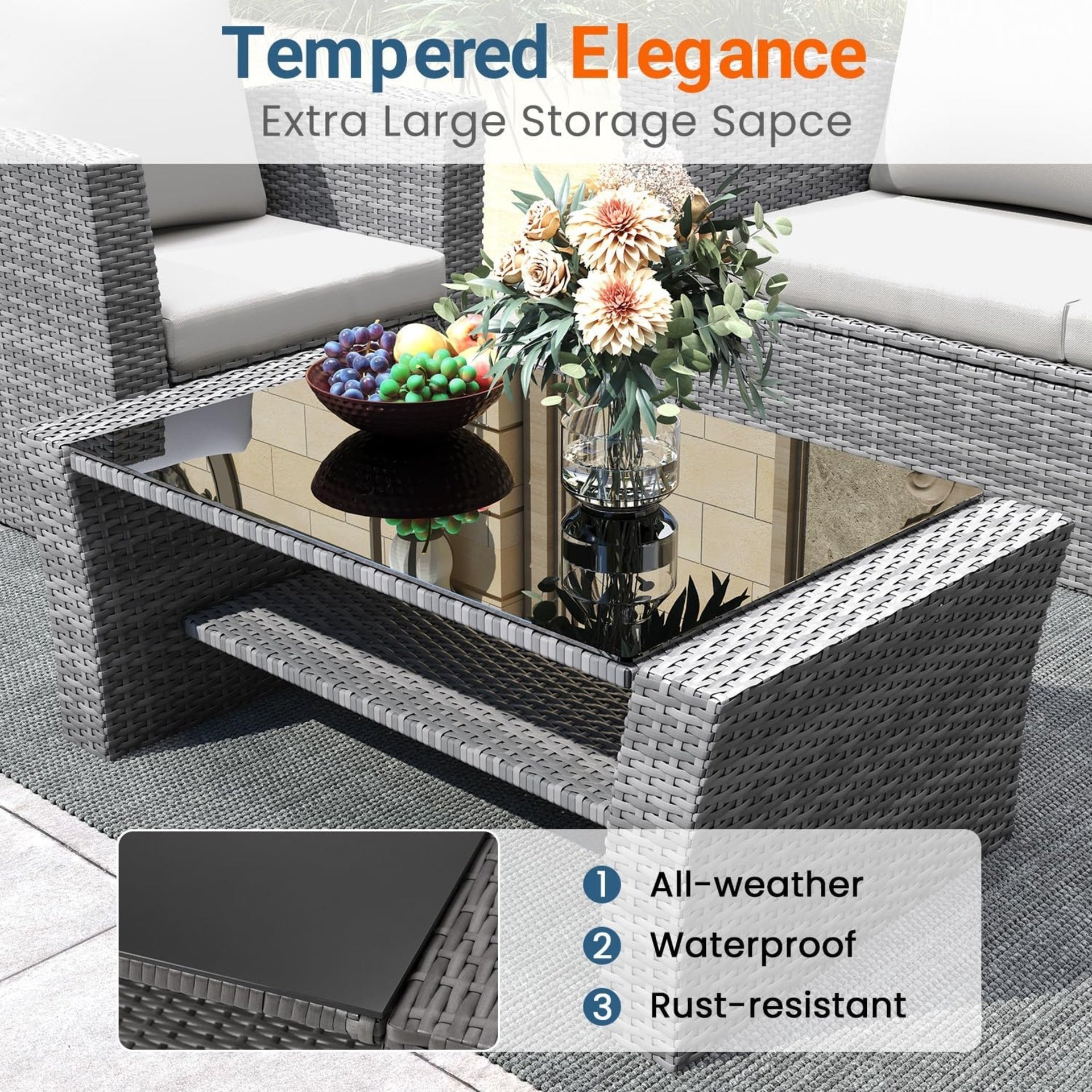 4-Piece All Weather Wicker Patio Conversation Set with Gray Cushions and Glass Table