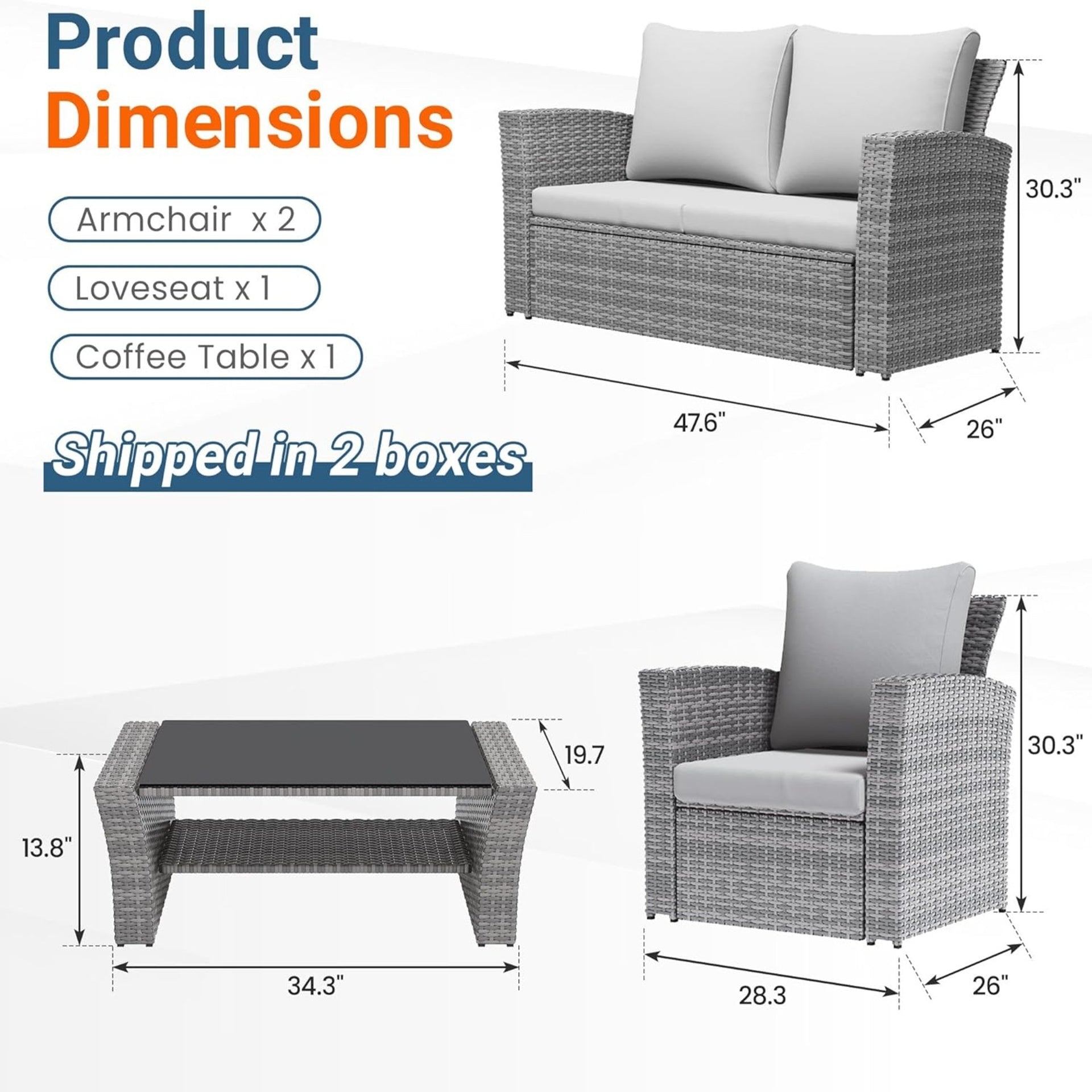 4-Piece All Weather Wicker Patio Conversation Set with Gray Cushions and Glass Table