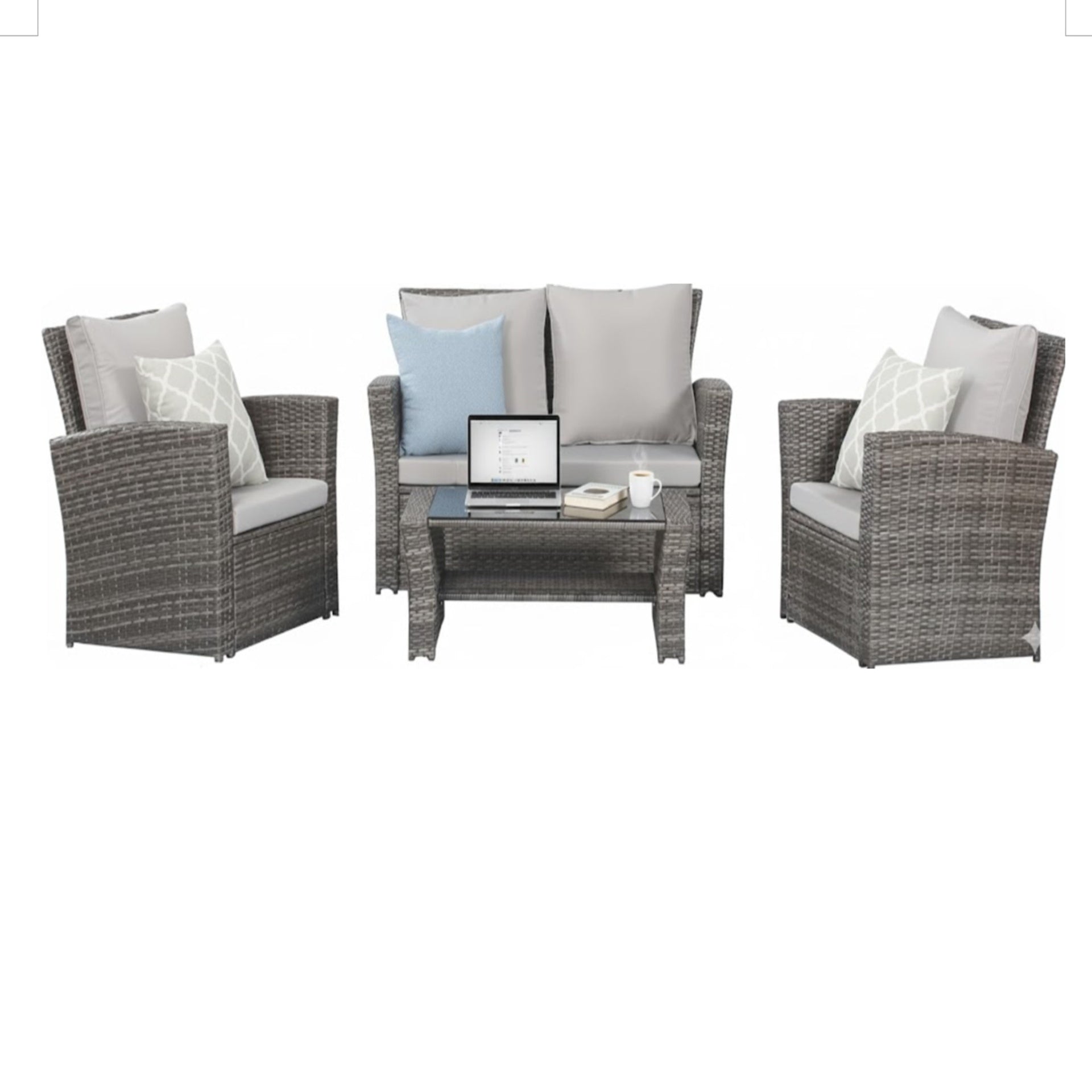4-Piece All Weather Wicker Patio Conversation Set with Gray Cushions and Glass Table