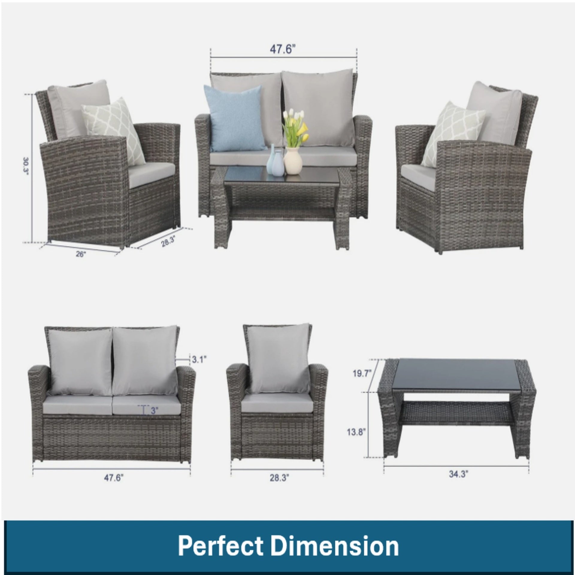 4-Piece All Weather Wicker Patio Conversation Set with Gray Cushions and Glass Table