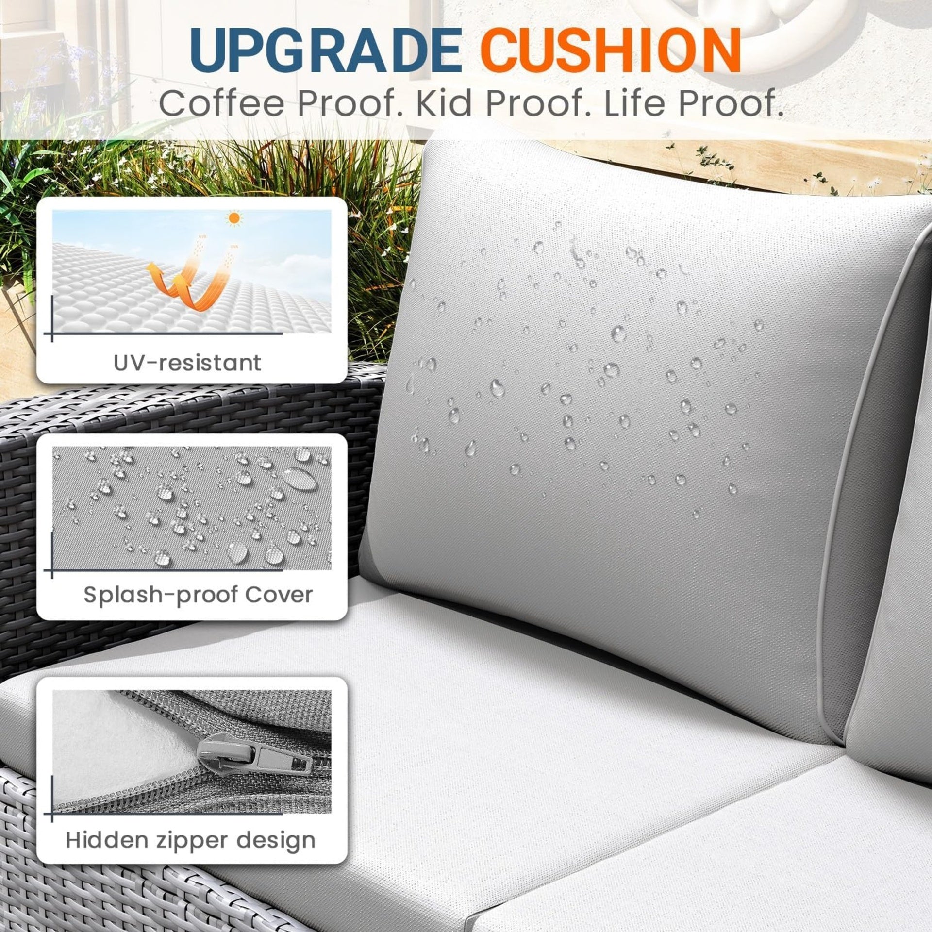 4-Piece All Weather Wicker Patio Conversation Set with Gray Cushions and Glass Table