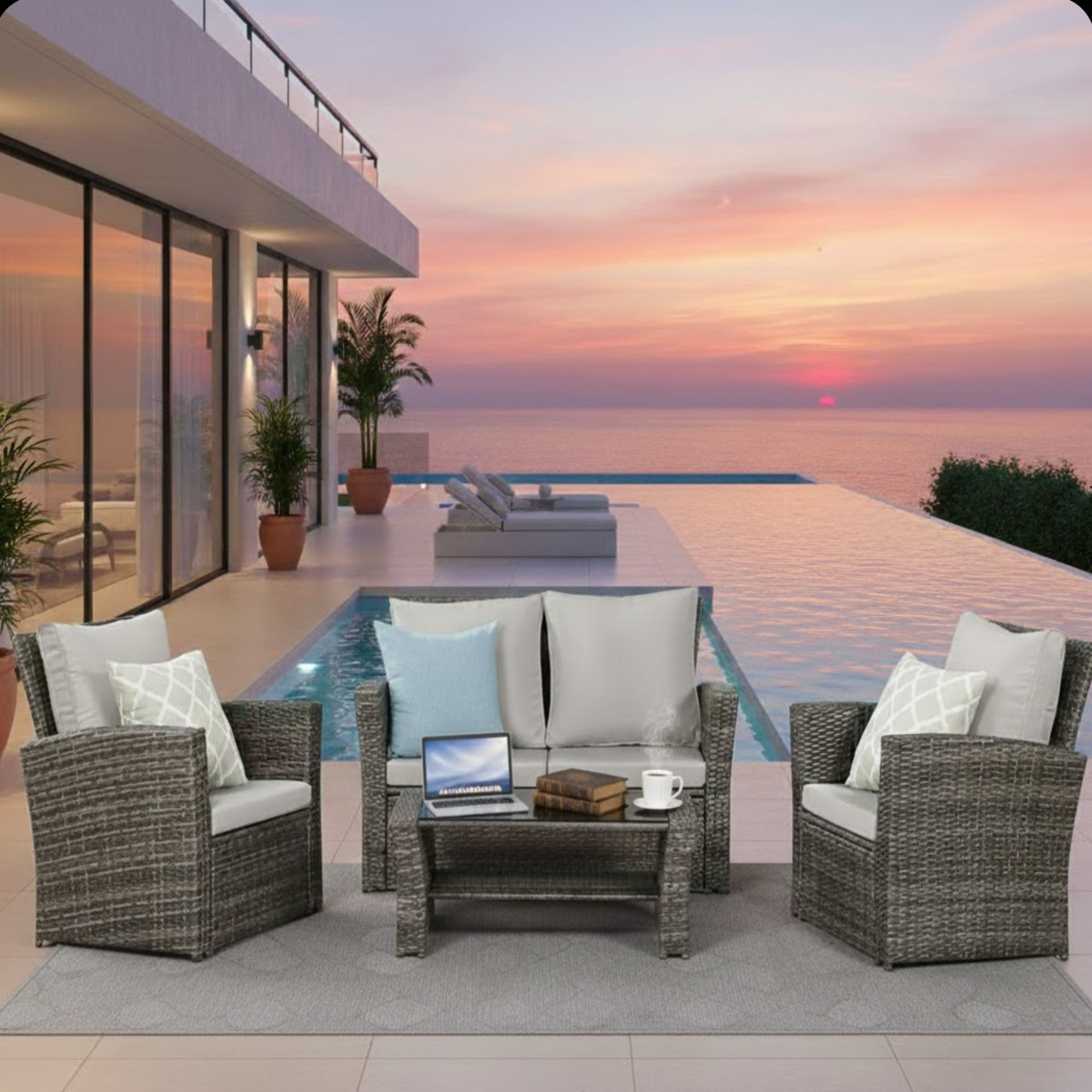 4-Piece All Weather Wicker Patio Conversation Set with Gray Cushions and Glass Table