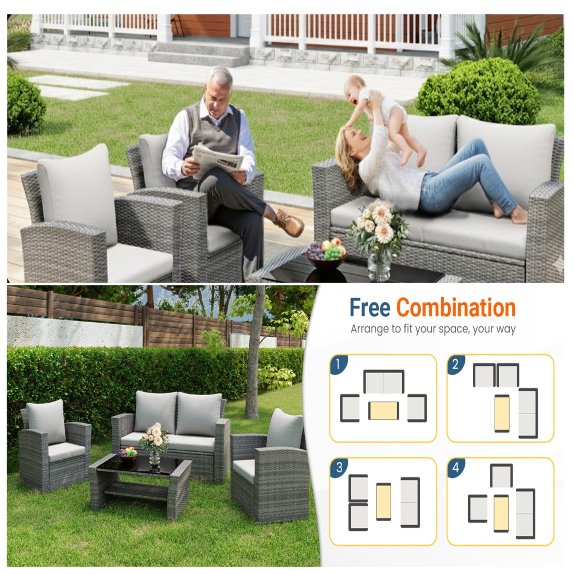 4-Piece All Weather Wicker Patio Conversation Set with Gray Cushions and Glass Table