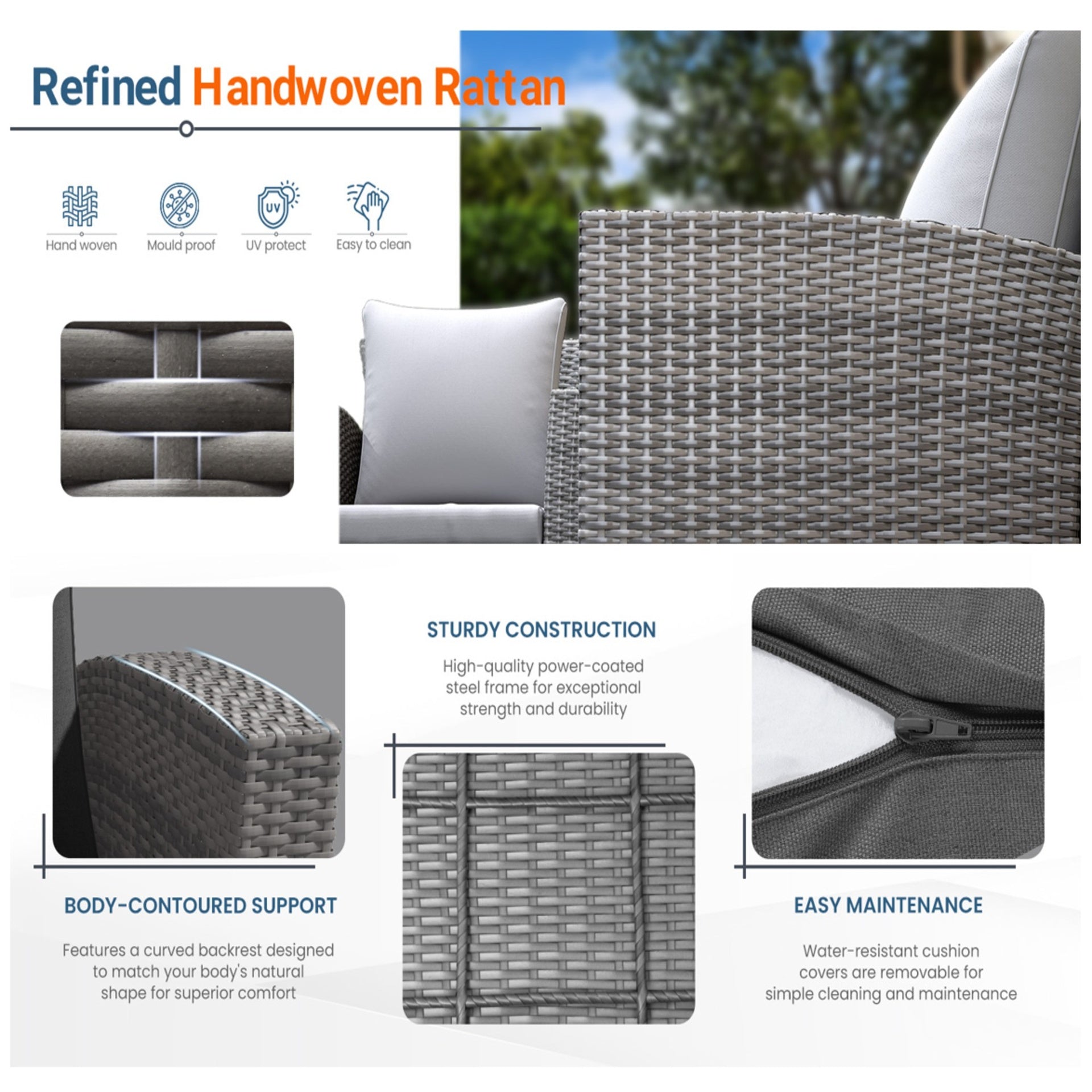 4-Piece All Weather Wicker Patio Conversation Set with Gray Cushions and Glass Table