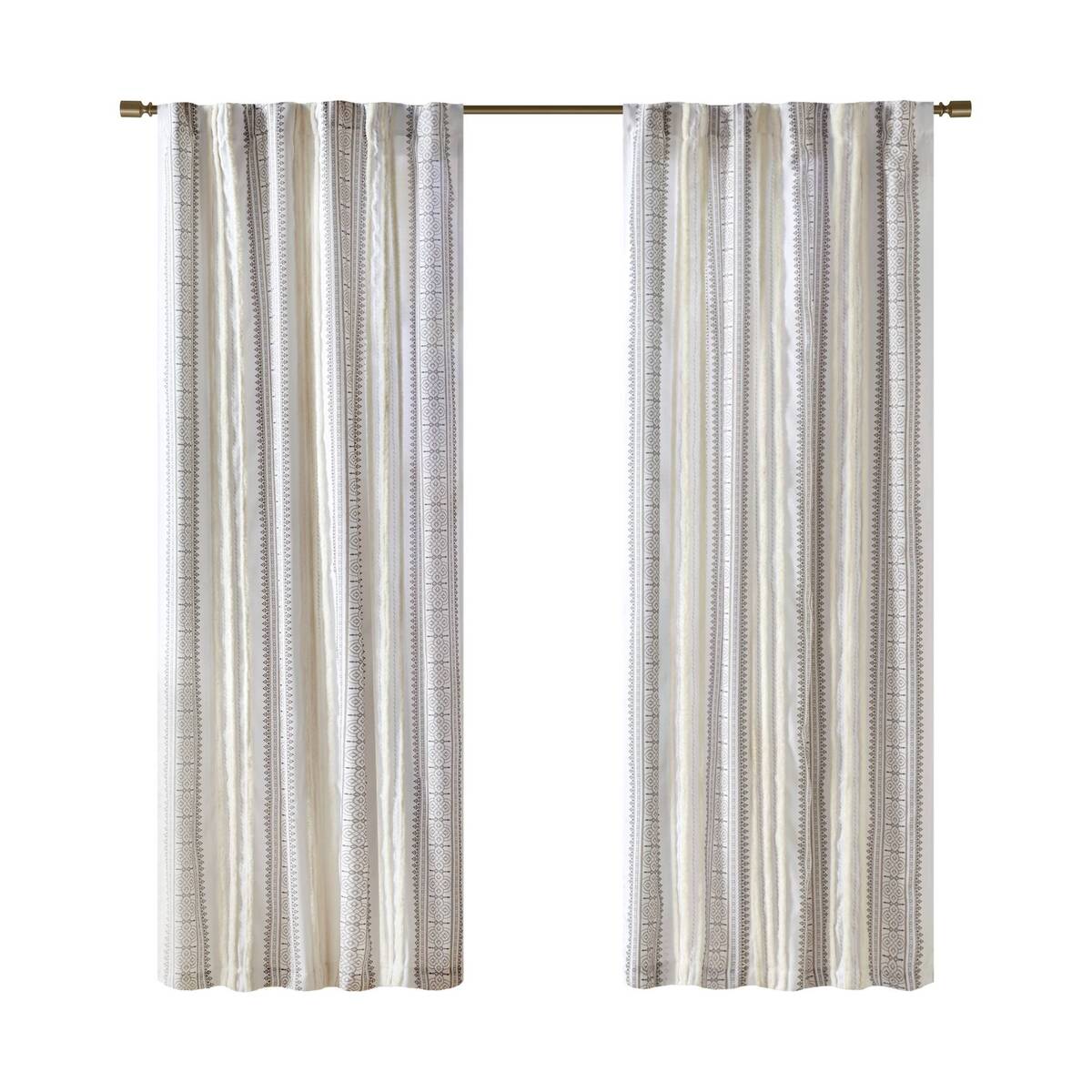 Poly Printed Curtain Panel with Tufted Stripe and Lining White/Brown 50x84"