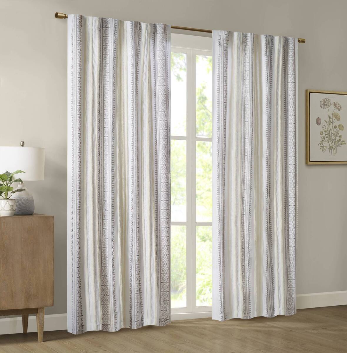 Poly Printed Curtain Panel with Tufted Stripe and Lining White/Brown 50x84"