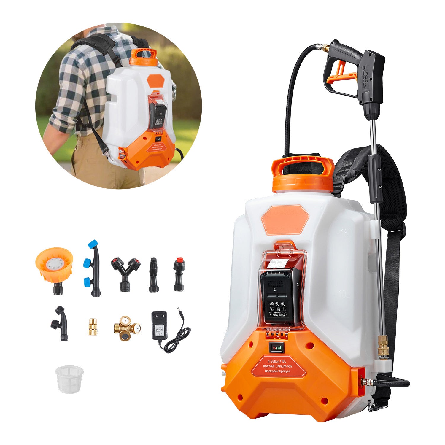 Battery Powered Backpack Sprayer, 4 Gallons Electric Backpack Sprayer, 2 Wands & 8 Nozzles, Adjustable 0-90 PSI, 4H Runtime, Portable Yard Garden Lawn Sprayers for Weeding Spraying Cleaning