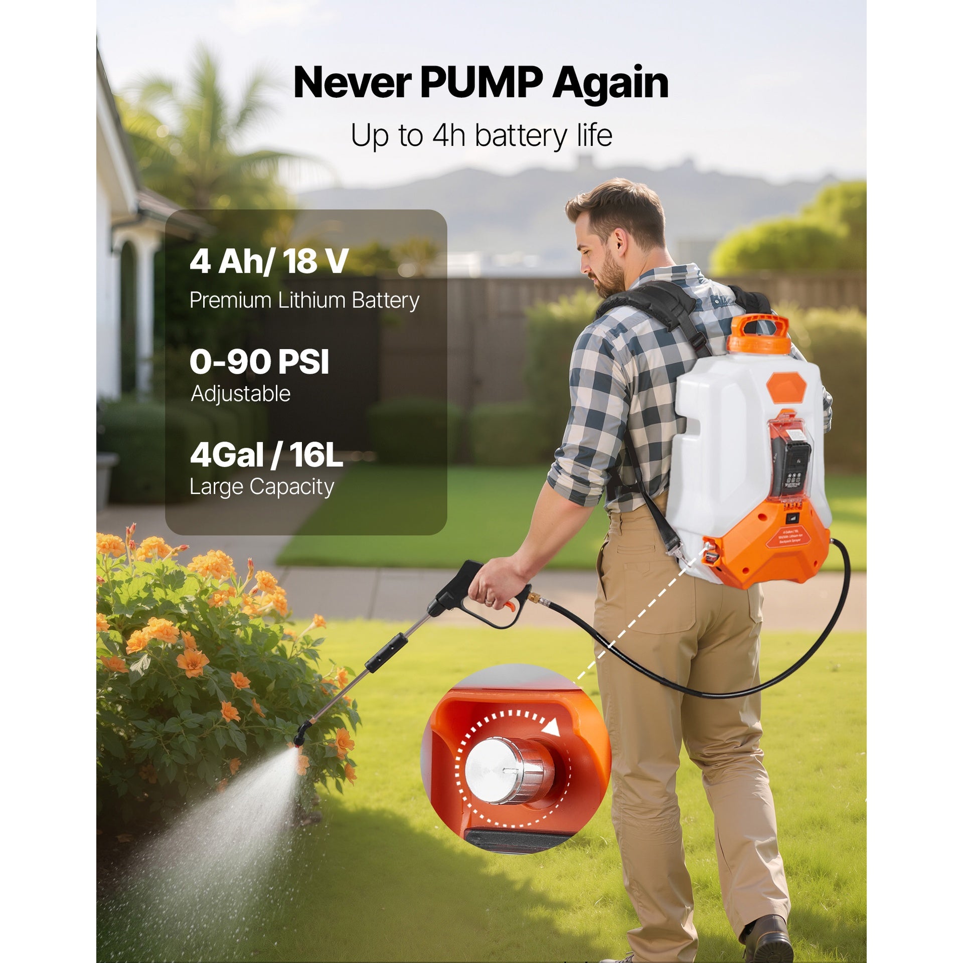 Battery Powered Backpack Sprayer, 4 Gallons Electric Backpack Sprayer, 2 Wands & 8 Nozzles, Adjustable 0-90 PSI, 4H Runtime, Portable Yard Garden Lawn Sprayers for Weeding Spraying Cleaning