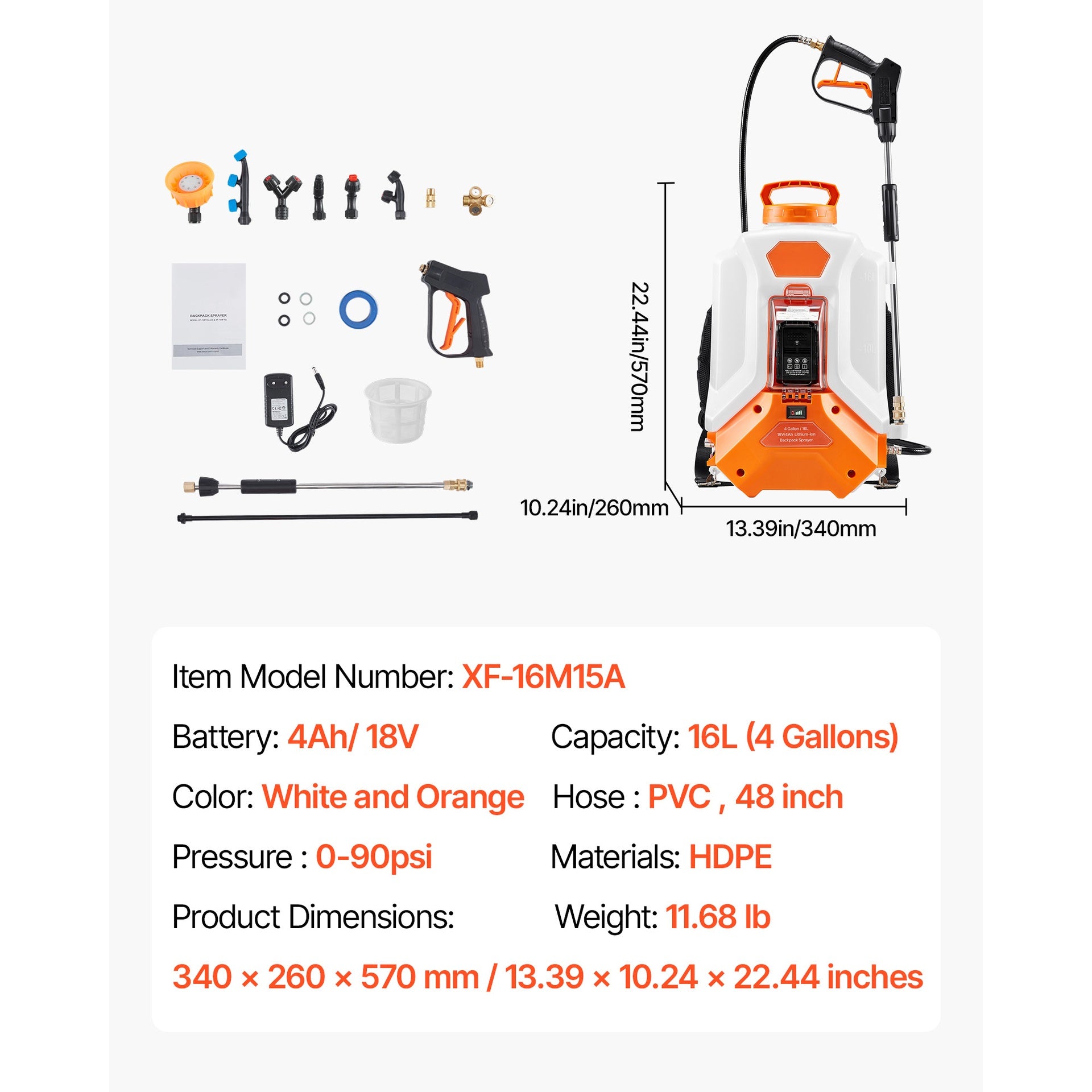 Battery Powered Backpack Sprayer, 4 Gallons Electric Backpack Sprayer, 2 Wands & 8 Nozzles, Adjustable 0-90 PSI, 4H Runtime, Portable Yard Garden Lawn Sprayers for Weeding Spraying Cleaning