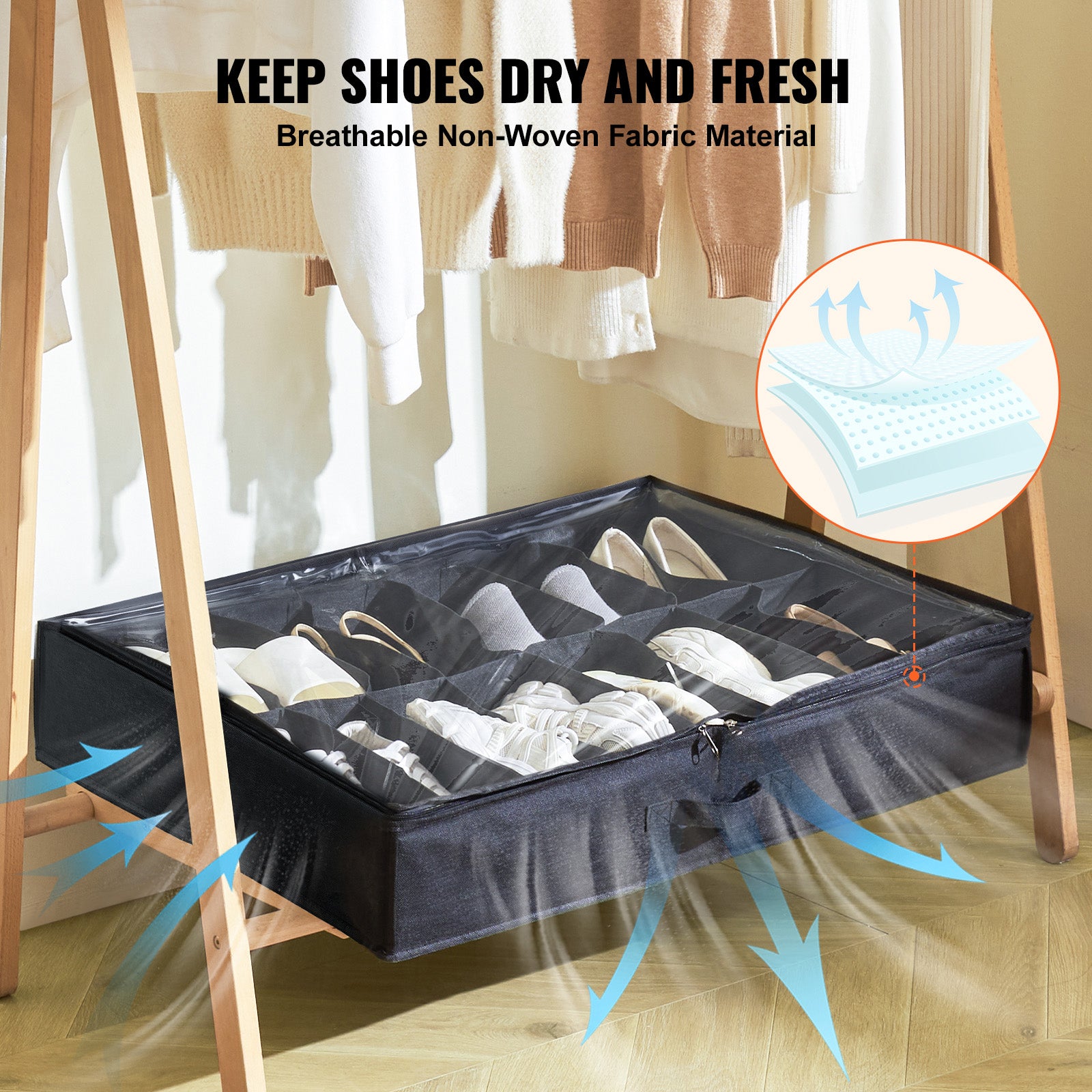 Sturdy Under Bed Shoe Storage Organizer, Set of 2, 32 Compartments, Underbed Shoes Closet Storage Solution with Clear Window, Breathable, L31.5"x W23.6"x H5.9", Black