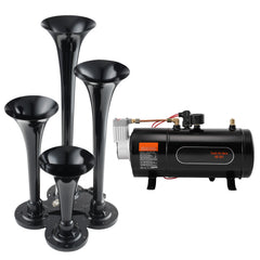 Train Horns Kit, 4 Trumpet Air Horn Kit, 150dB Train Horns for Pickup Trucks, 12V 120 psi Air Compressor 0.8 Gal/3 L Tank with Gauge for Any 12V Vehicle Car Truck Train Van Boat