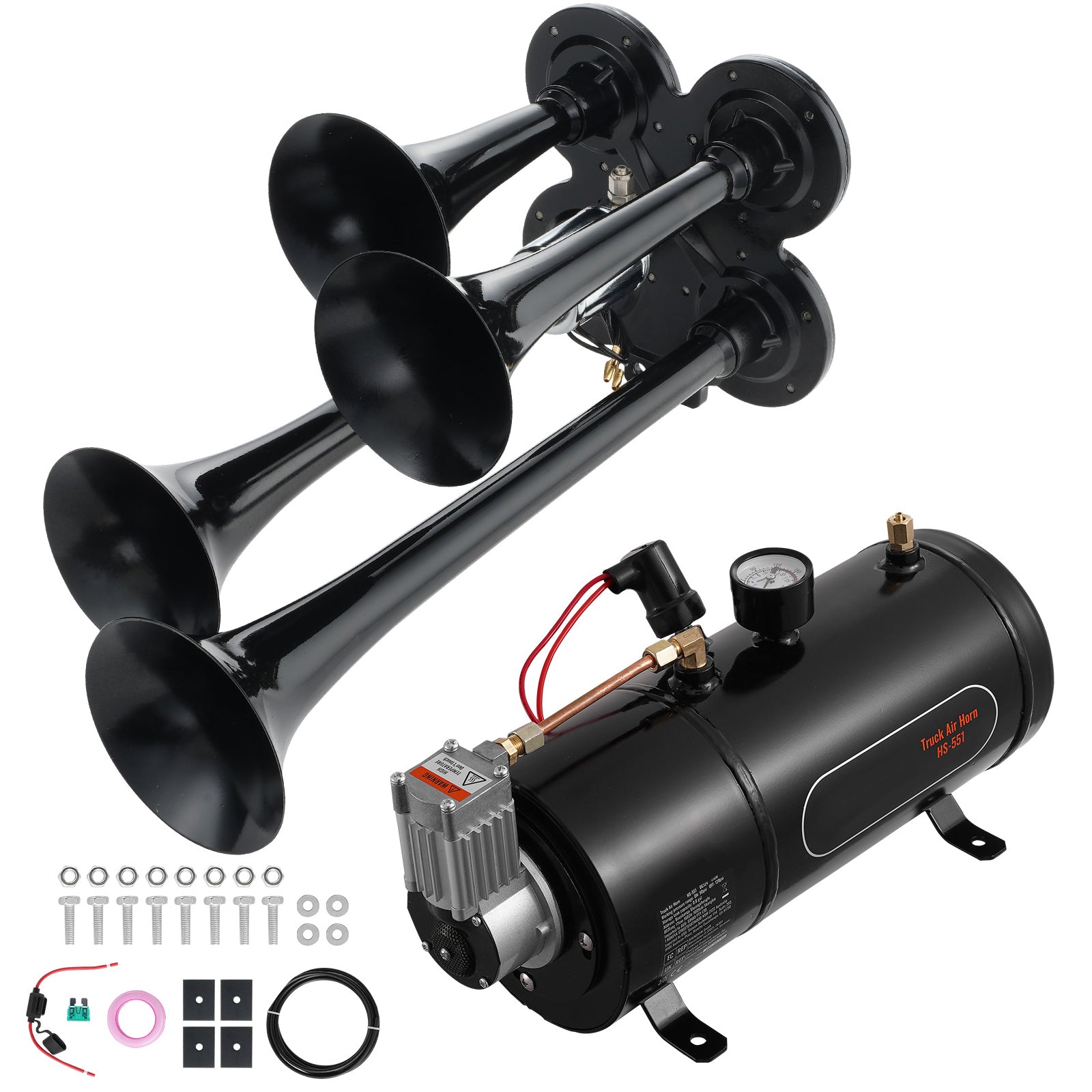 Train Horns Kit, 4 Trumpet Air Horn Kit, 150dB Train Horns for Pickup Trucks, 12V 120 psi Air Compressor 0.8 Gal/3 L Tank with Gauge for Any 12V Vehicle Car Truck Train Van Boat