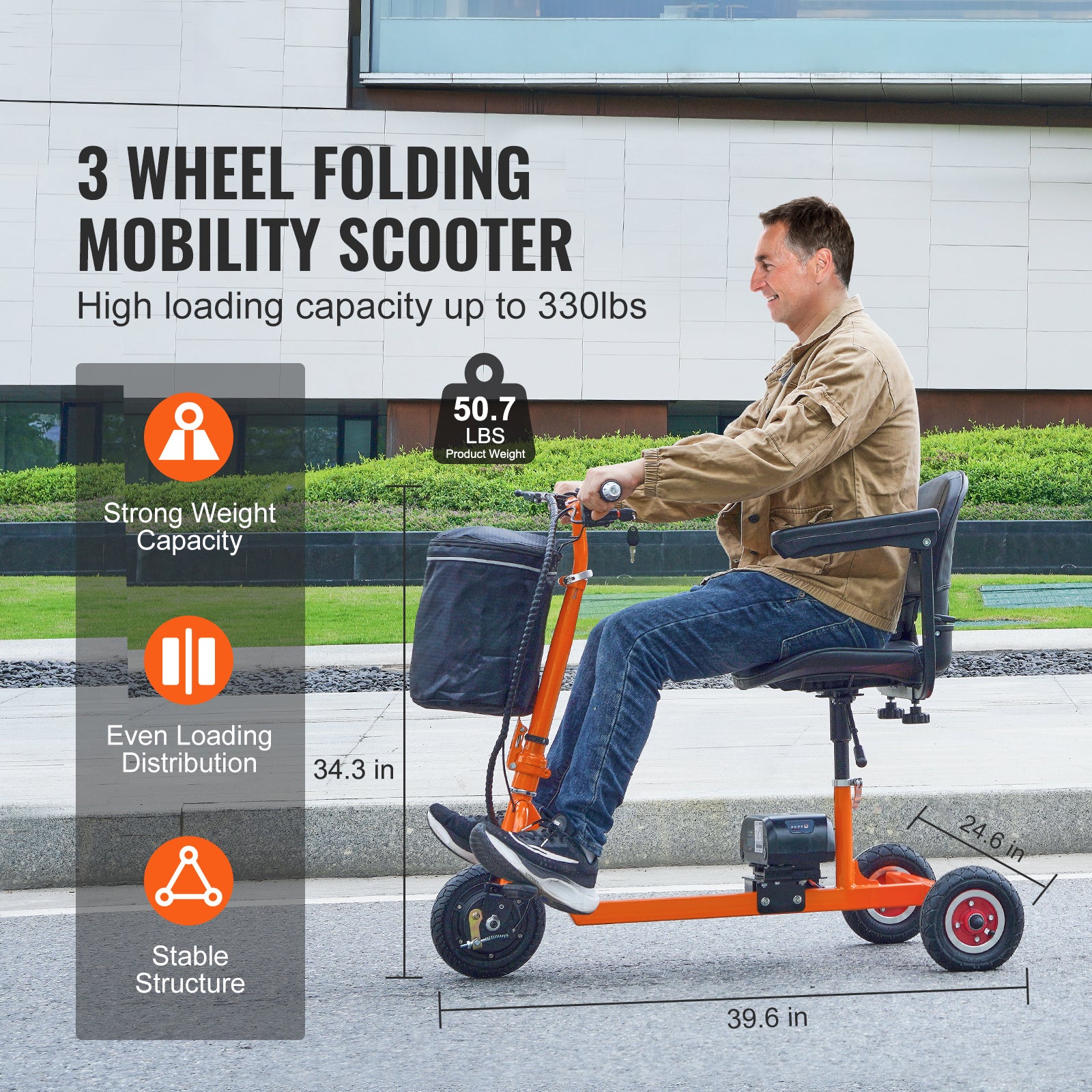 Foldable 3 Wheel Mobility Scooter for Seniors, Portable Electric Powered Mobility Scooter with 12 Mile Long Range, All Terrain Travel Wheelchair with 48V Lithium-ion Battery, Max Support 330LBS