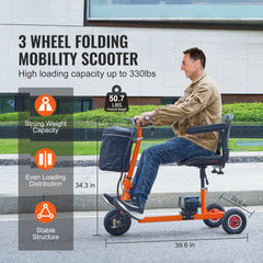 Foldable 3 Wheel Mobility Scooter for Seniors, Portable Electric Powered Mobility Scooter with 12 Mile Long Range, All Terrain Travel Wheelchair with 48V Lithium-ion Battery, Max Support 330LBS