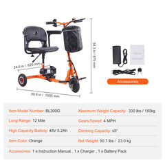 Foldable 3 Wheel Mobility Scooter for Seniors, Portable Electric Powered Mobility Scooter with 12 Mile Long Range, All Terrain Travel Wheelchair with 48V Lithium-ion Battery, Max Support 330LBS