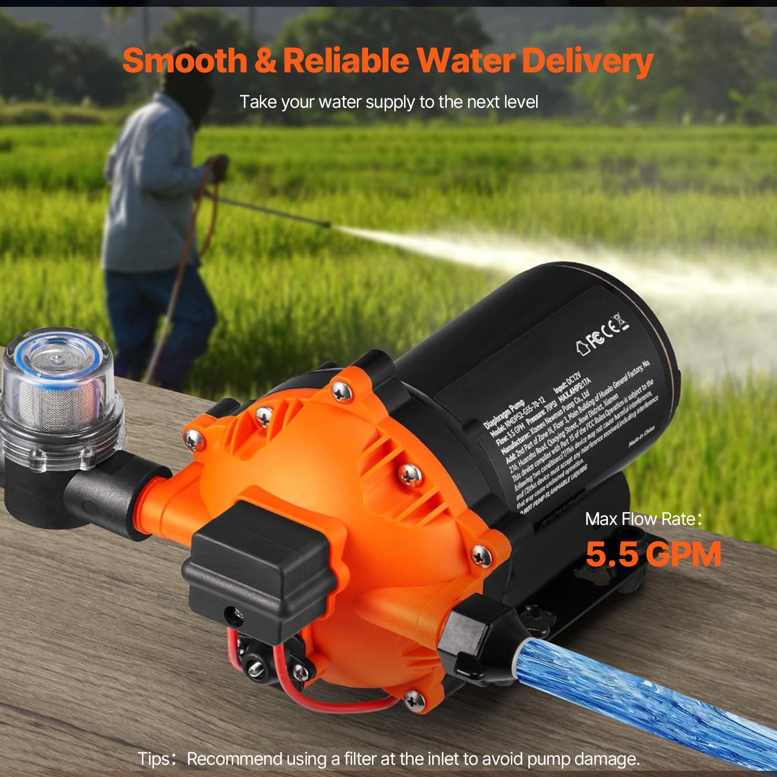 12V Water Pressure Diaphragm Pump Self-Priming Pump 70 PSI 5.5 GPM Boat RV