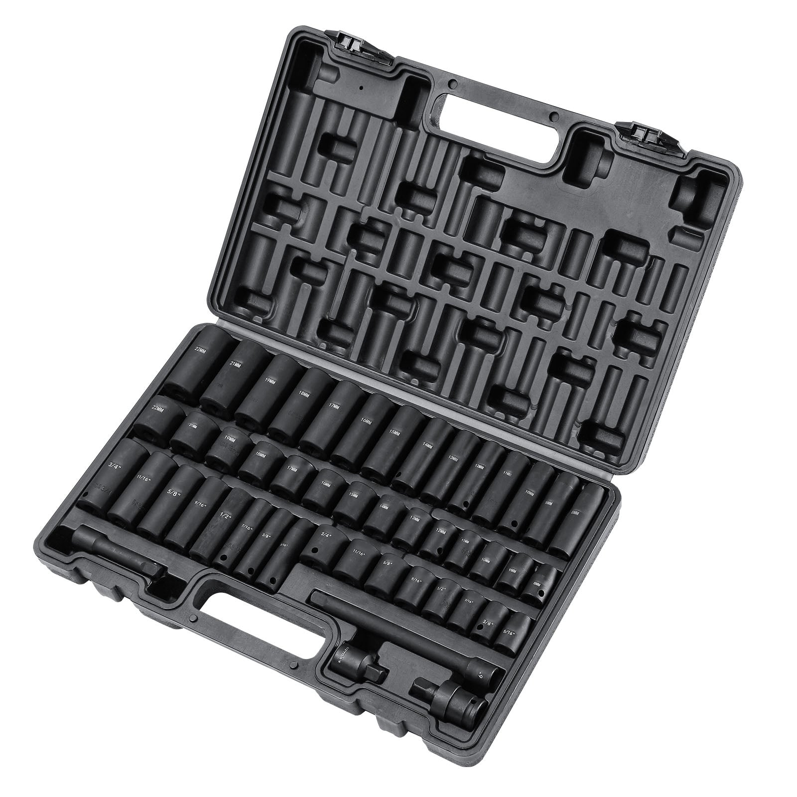 3/8-Inch Drive Impact Set, 48-Piece Socket Set SAE (5/16" - 3/4") and Metric (8-22mm) 6-Point CR-V Drive Extension Bar Universal Joint & Drill Adapter, with Storage Case