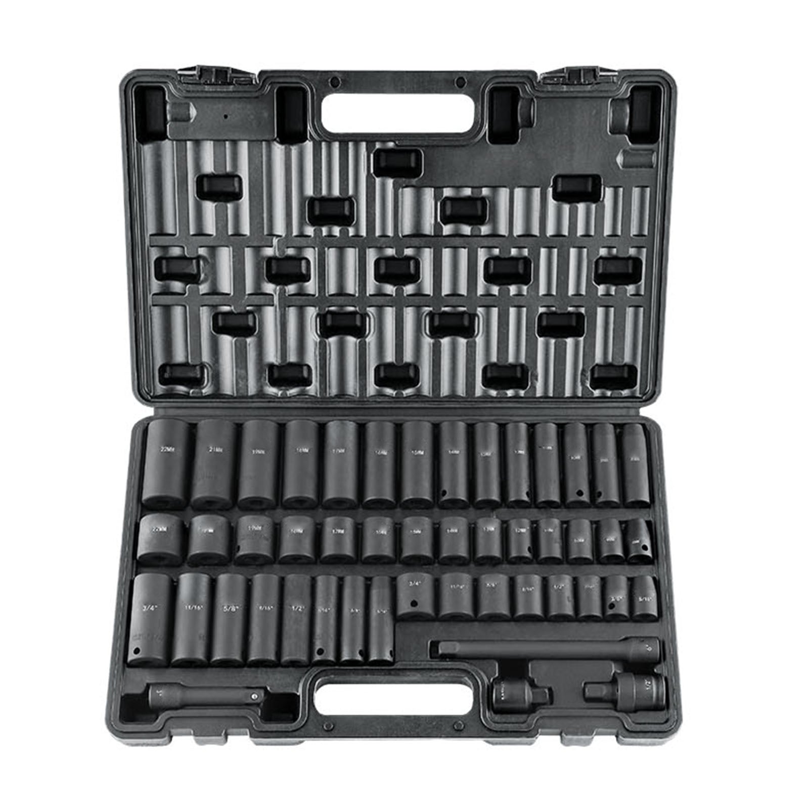 3/8-Inch Drive Impact Set, 48-Piece Socket Set SAE (5/16" - 3/4") and Metric (8-22mm) 6-Point CR-V Drive Extension Bar Universal Joint & Drill Adapter, with Storage Case