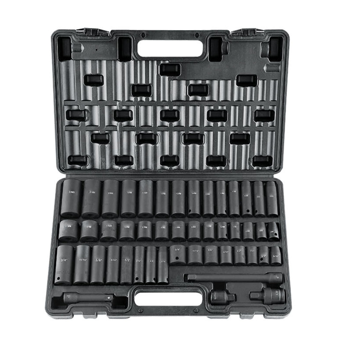 3/8-Inch Drive Impact Set, 48-Piece Socket Set SAE (5/16" - 3/4") and Metric (8-22mm) 6-Point CR-V Drive Extension Bar Universal Joint & Drill Adapter, with Storage Case
