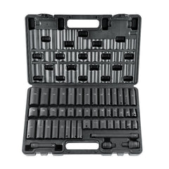 3/8-Inch Drive Impact Set, 48-Piece Socket Set SAE (5/16" - 3/4") and Metric (8-22mm) 6-Point CR-V Drive Extension Bar Universal Joint & Drill Adapter, with Storage Case