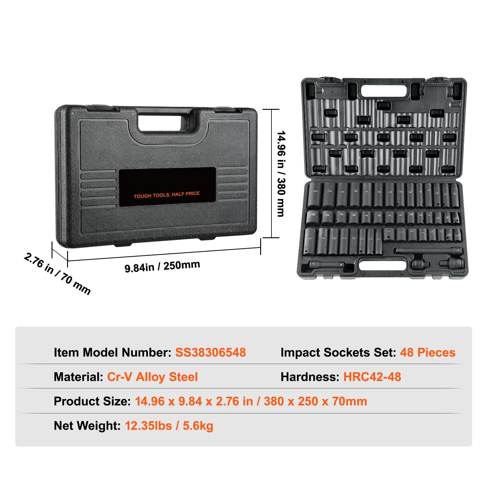 3/8-Inch Drive Impact Set, 48-Piece Socket Set SAE (5/16" - 3/4") and Metric (8-22mm) 6-Point CR-V Drive Extension Bar Universal Joint & Drill Adapter, with Storage Case