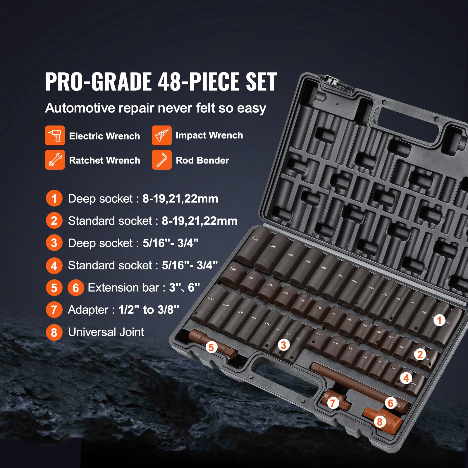 3/8-Inch Drive Impact Set, 48-Piece Socket Set SAE (5/16" - 3/4") and Metric (8-22mm) 6-Point CR-V Drive Extension Bar Universal Joint & Drill Adapter, with Storage Case