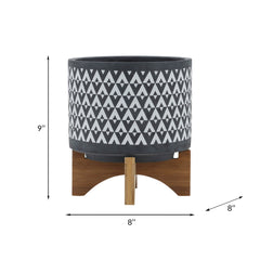 CERAMIC 8" AZTEC PLANTER ON WOODEN STAND, GRAY