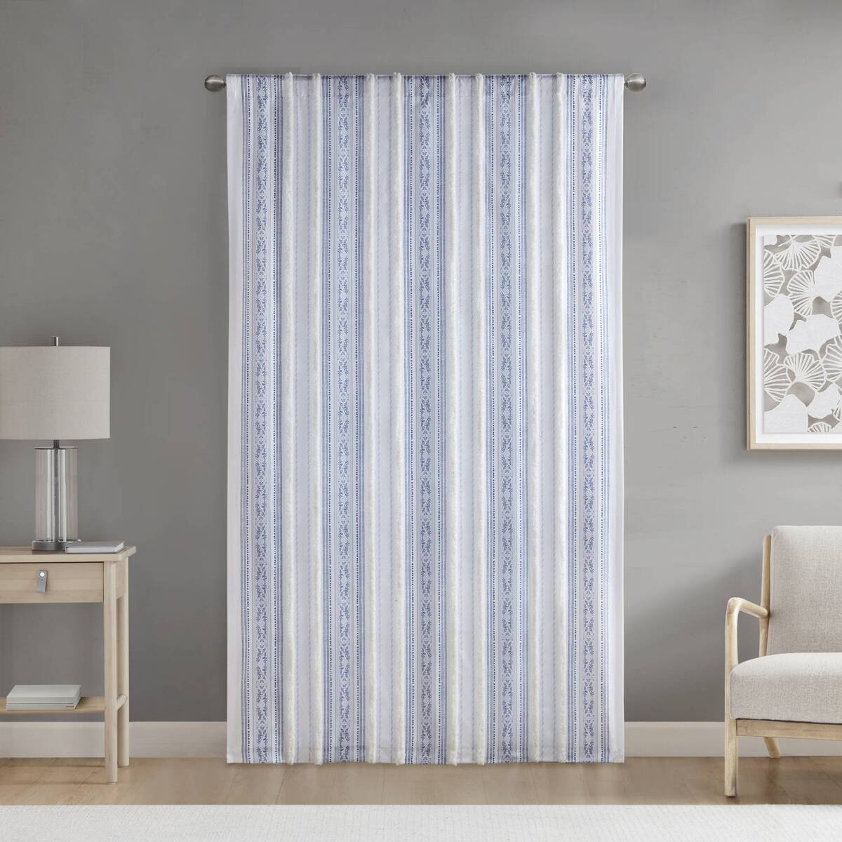 Poly Printed Curtain Panel with Tufted Stripe and Lining White/Navy 50x84"