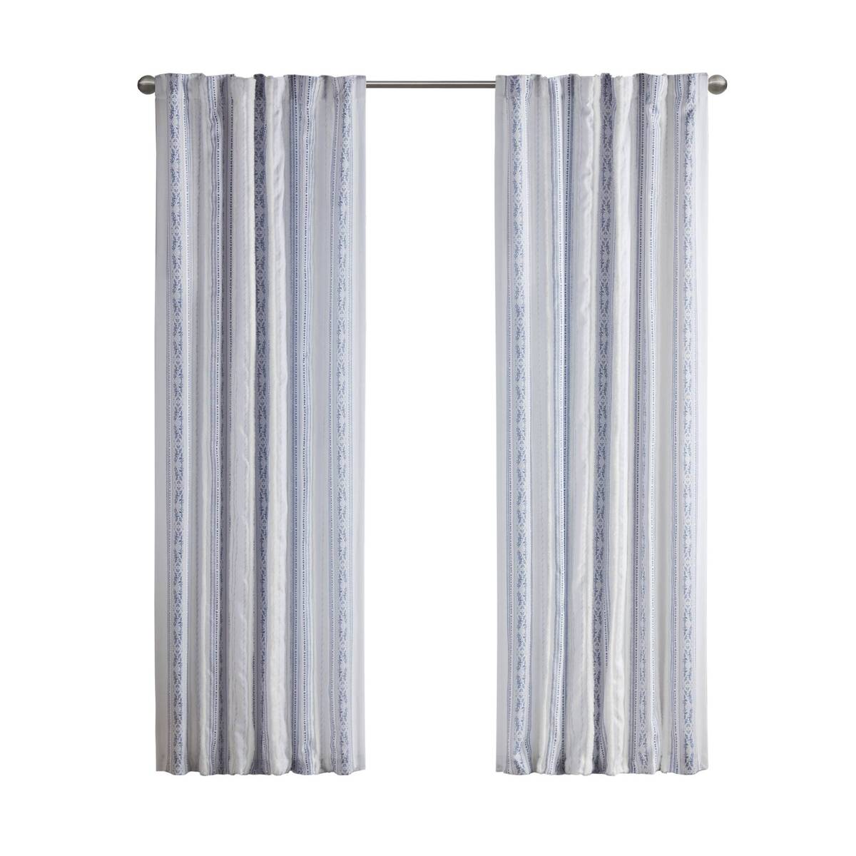 Poly Printed Curtain Panel with Tufted Stripe and Lining White/Navy 50x84"