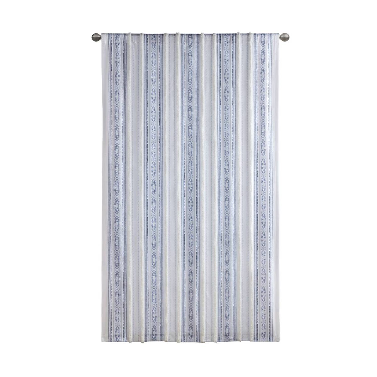 Poly Printed Curtain Panel with Tufted Stripe and Lining White/Navy 50x84"