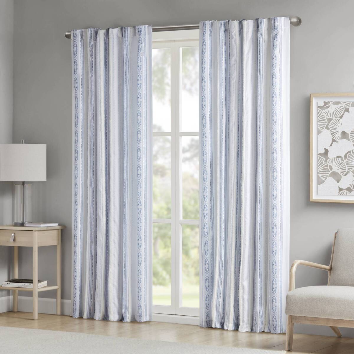 Poly Printed Curtain Panel with Tufted Stripe and Lining White/Navy 50x84"
