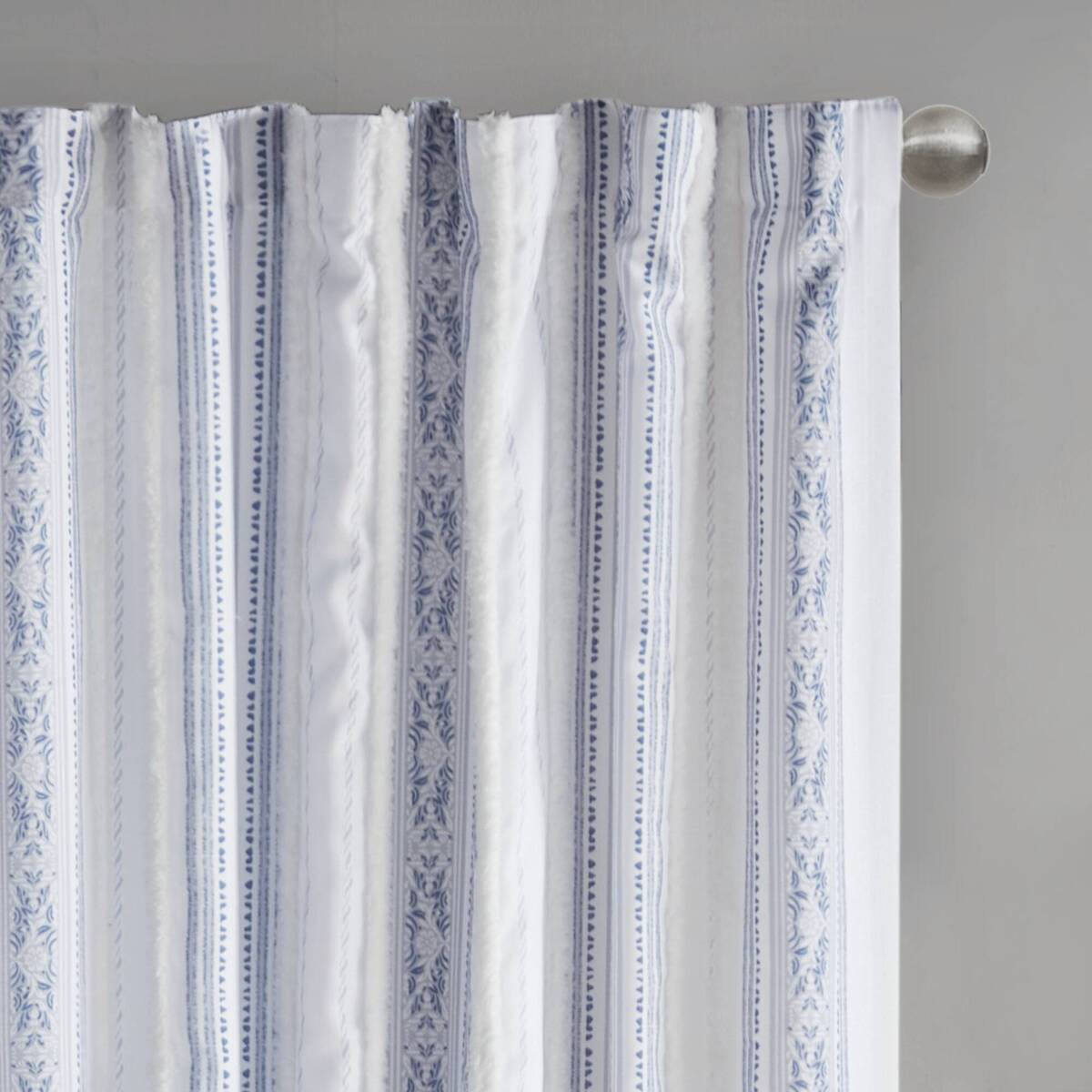 Poly Printed Curtain Panel with Tufted Stripe and Lining White/Navy 50x84"