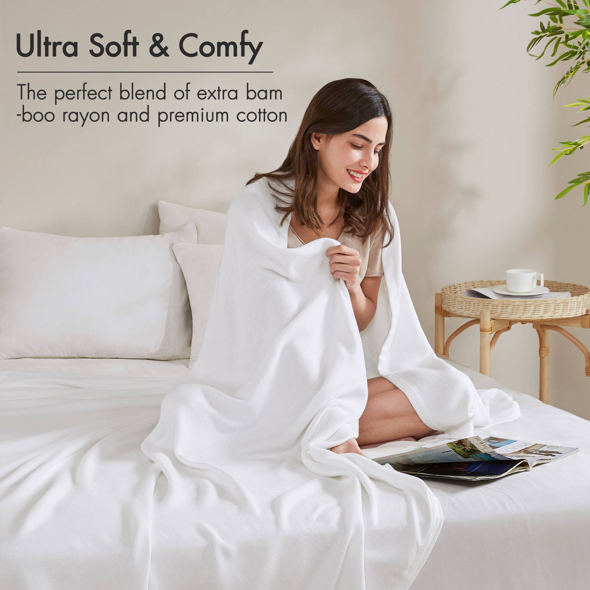 1-Piece King Rayon from Bamboo Cotton Blanket, White