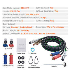 12FT Semi Truck Air Lines Kit with 2PCS Glad Hands, 3-in-1 Air Hoses & 7 Way ABS Electric Power Line, with 2PCS Gladhand Handles, 4PCS Seals and Tender Spring Kit for Semi Truck Trailer Tractor