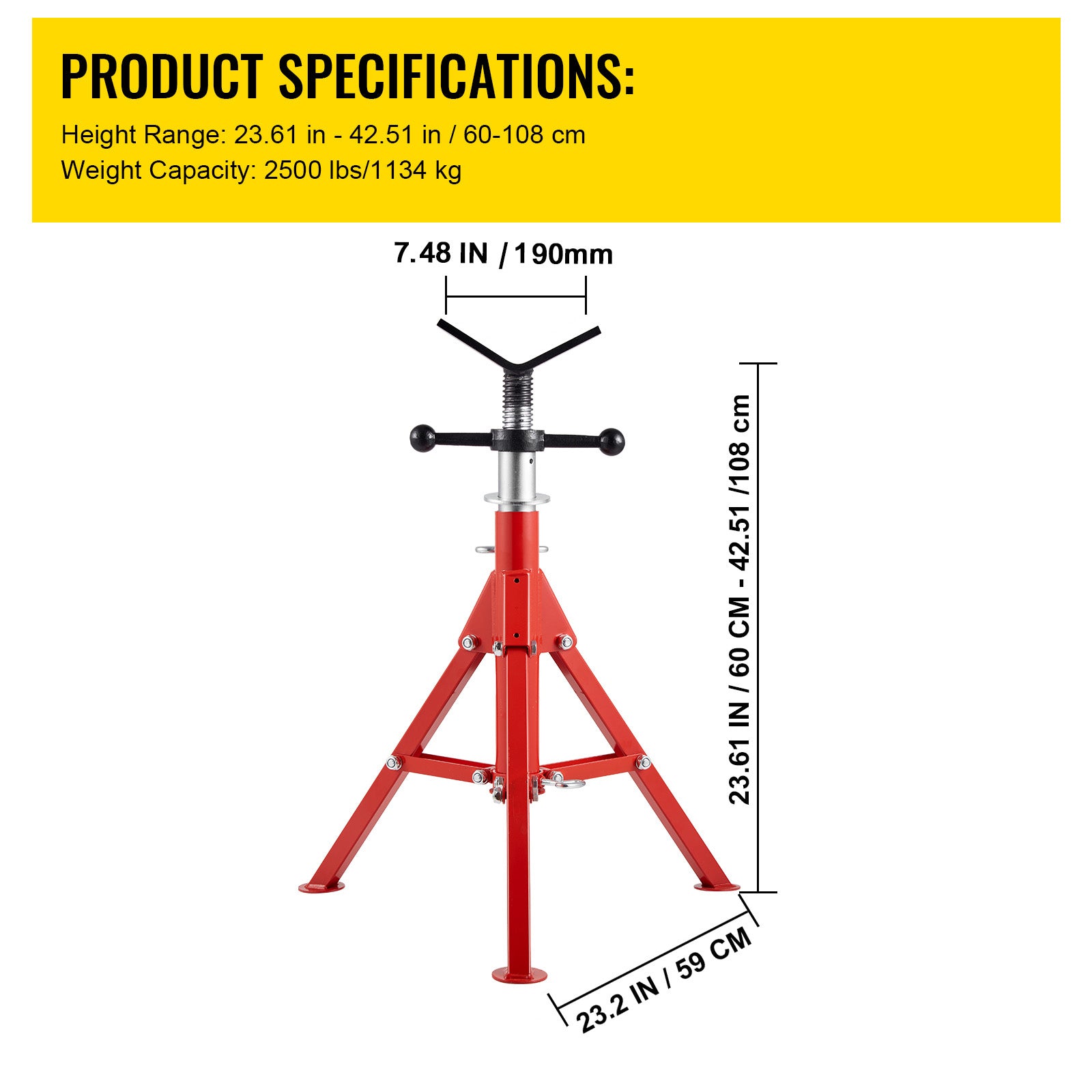 V Head Pipe Stand 1/8"-12" Capacity, Adjustable Height 24"-42", Pipe Jack Stands 2500 lb. Load Capacity, Portable Folding Pipe Stands, Carbon Steel Body More Durable