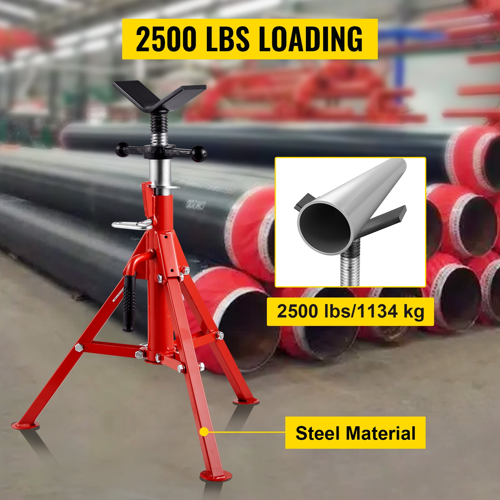 V Head Pipe Stand 1/8"-12" Capacity, Adjustable Height 24"-42", Pipe Jack Stands 2500 lb. Load Capacity, Portable Folding Pipe Stands, Carbon Steel Body More Durable