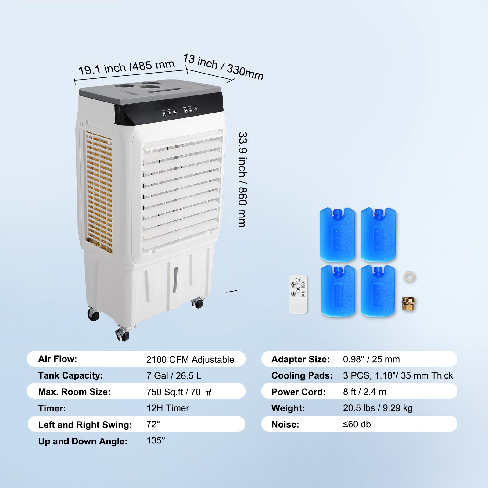 Evaporative Air Cooler, 2100 CFM, 135° Oscillating Swamp Cooler with Adjustable 3 Speeds and 12 H Timer, 7 Gal Portable Air Cooler for 750 Sq.ft, Indoor/Outdoor Use