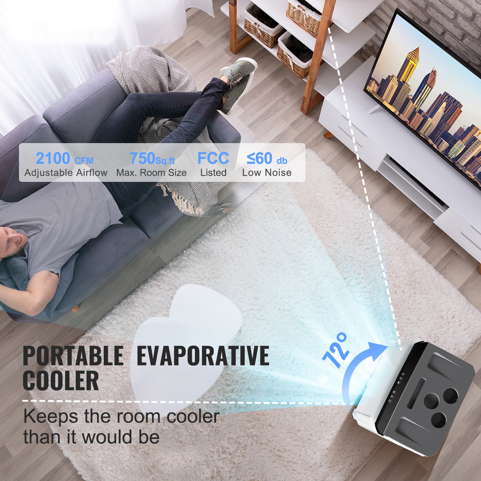 Evaporative Air Cooler, 2100 CFM, 135° Oscillating Swamp Cooler with Adjustable 3 Speeds and 12 H Timer, 7 Gal Portable Air Cooler for 750 Sq.ft, Indoor/Outdoor Use