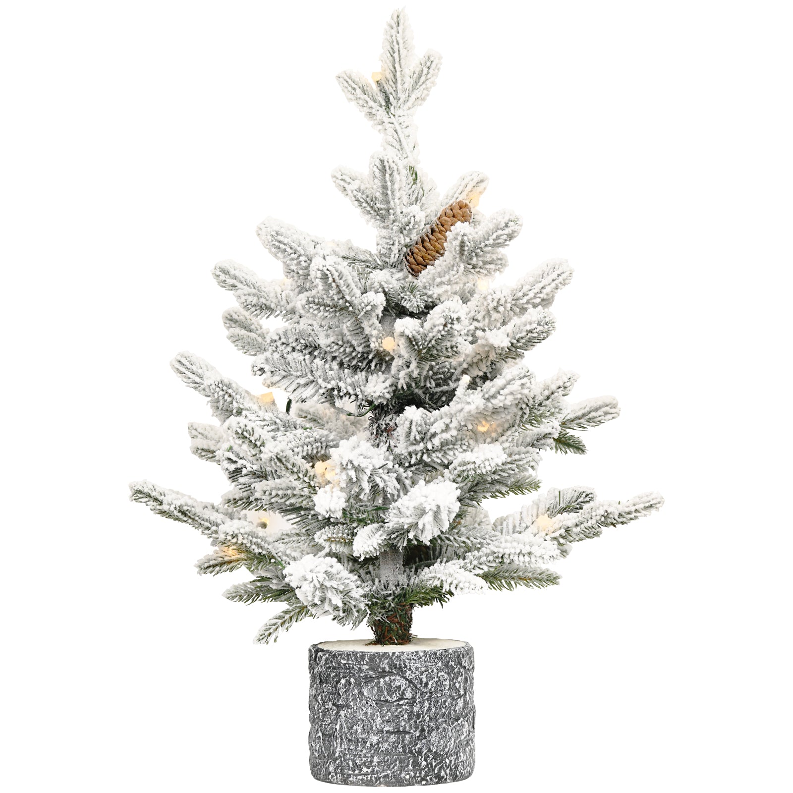 2FT Flocked Christmas Tree with Pot Base, 30 Warm White LED Lights, 189 Tips, PE+PVC Branches with 3 Pine Cones – Small Prelit Holiday Tree for Tabletop, Entryway, or Home Decor
