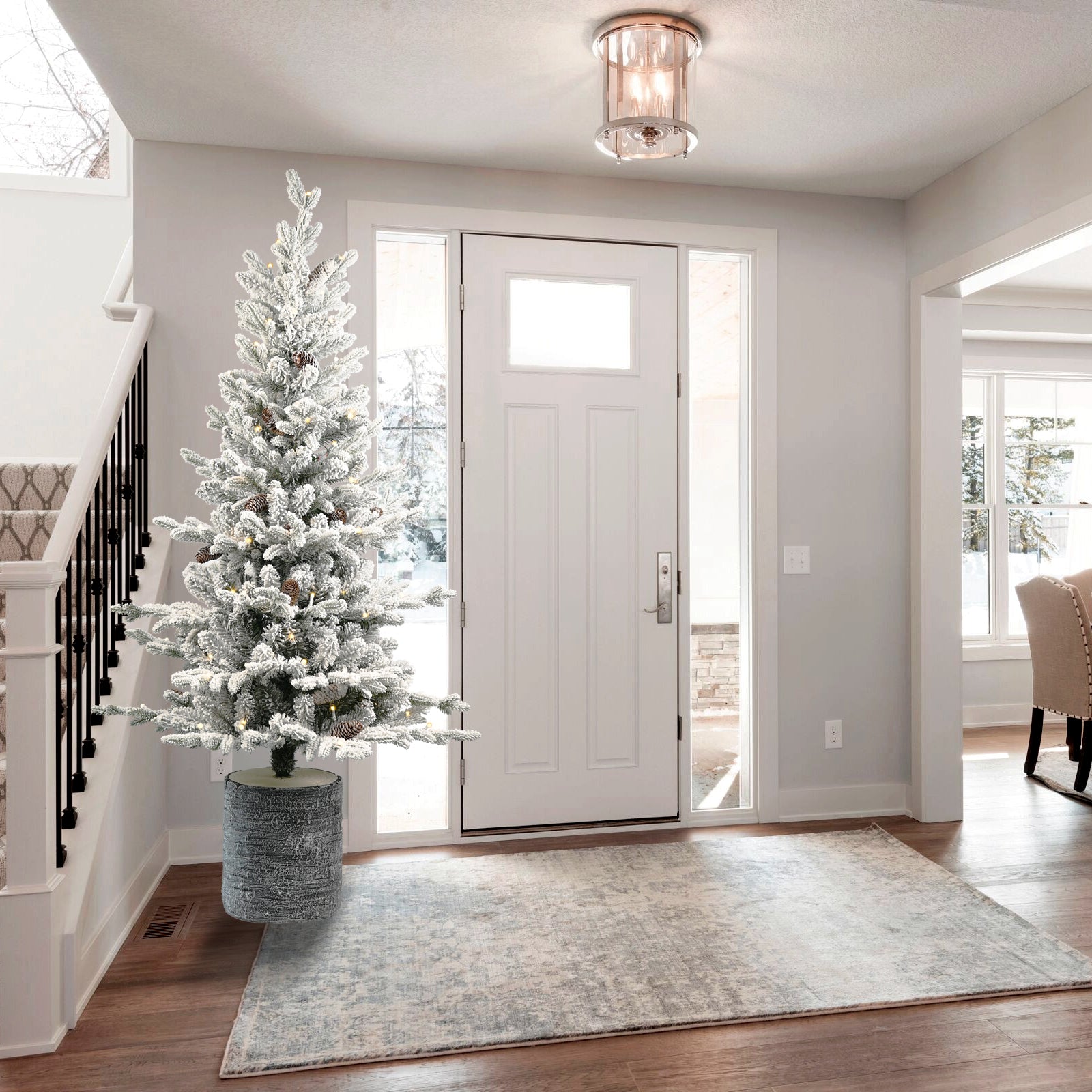 2FT Flocked Christmas Tree with Pot Base, 30 Warm White LED Lights, 189 Tips, PE+PVC Branches with 3 Pine Cones – Small Prelit Holiday Tree for Tabletop, Entryway, or Home Decor