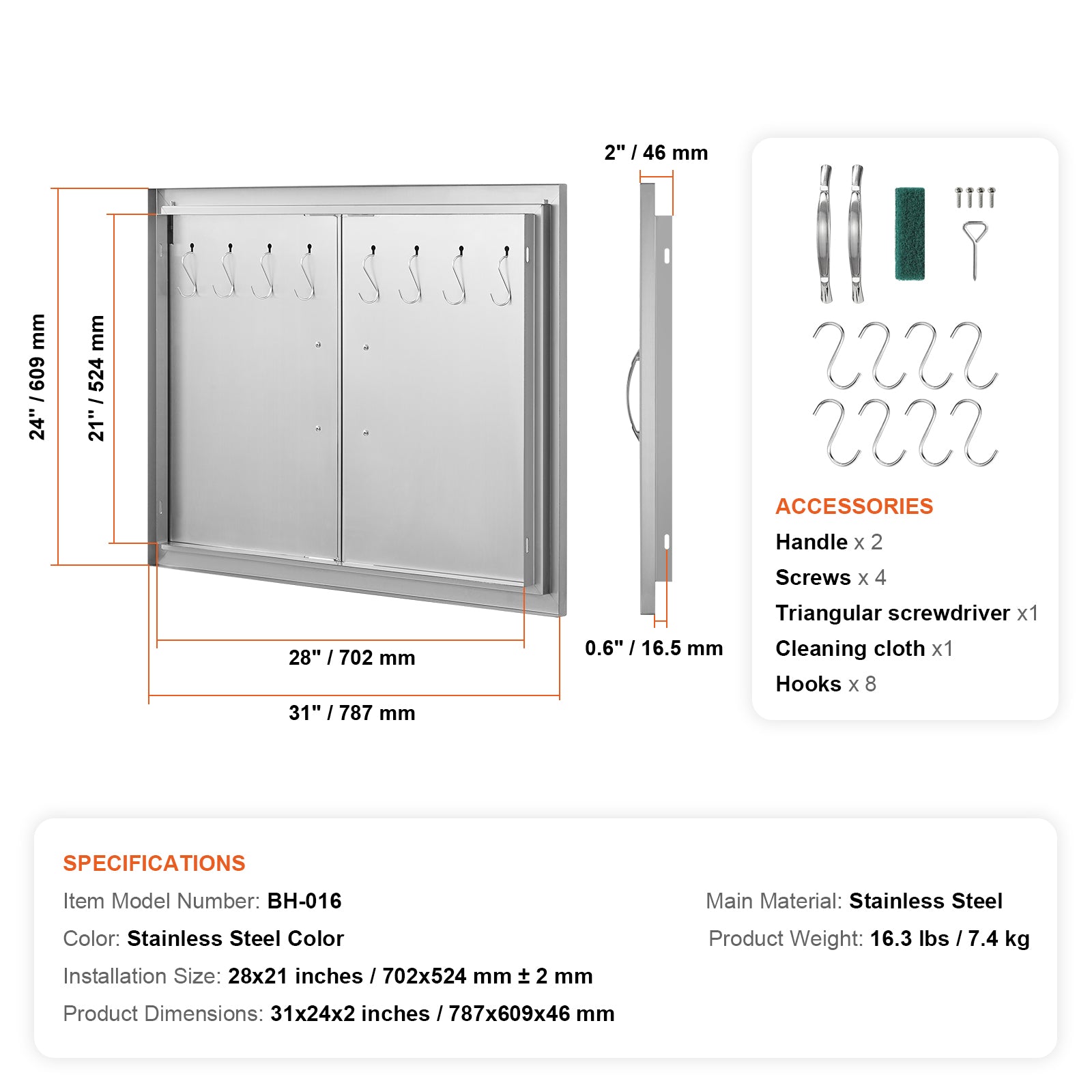 BBQ Access Door, 31W x 24H Inch Double Outdoor Kitchen Door, Stainless Steel Flush Mount Door, Double Wall Vertical Door with Handles and Hooks, for BBQ Island, Grilling Station, Outside Cabinet