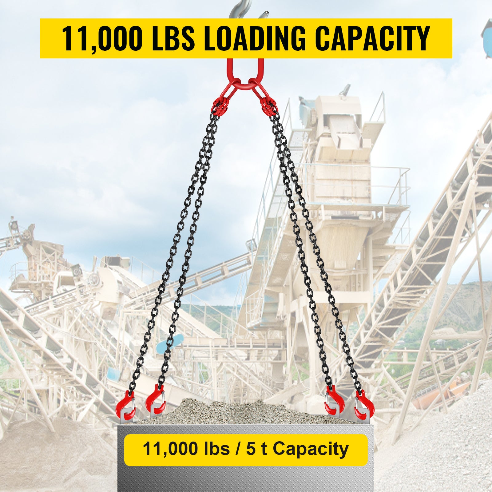 5Ft Chain Sling 5/16 Inch X 5 Ft Engine Lift Chain G80 Alloy Steel Engine Chain Hoist Lifts 3 Ton with 4 Leg Grab Hooks