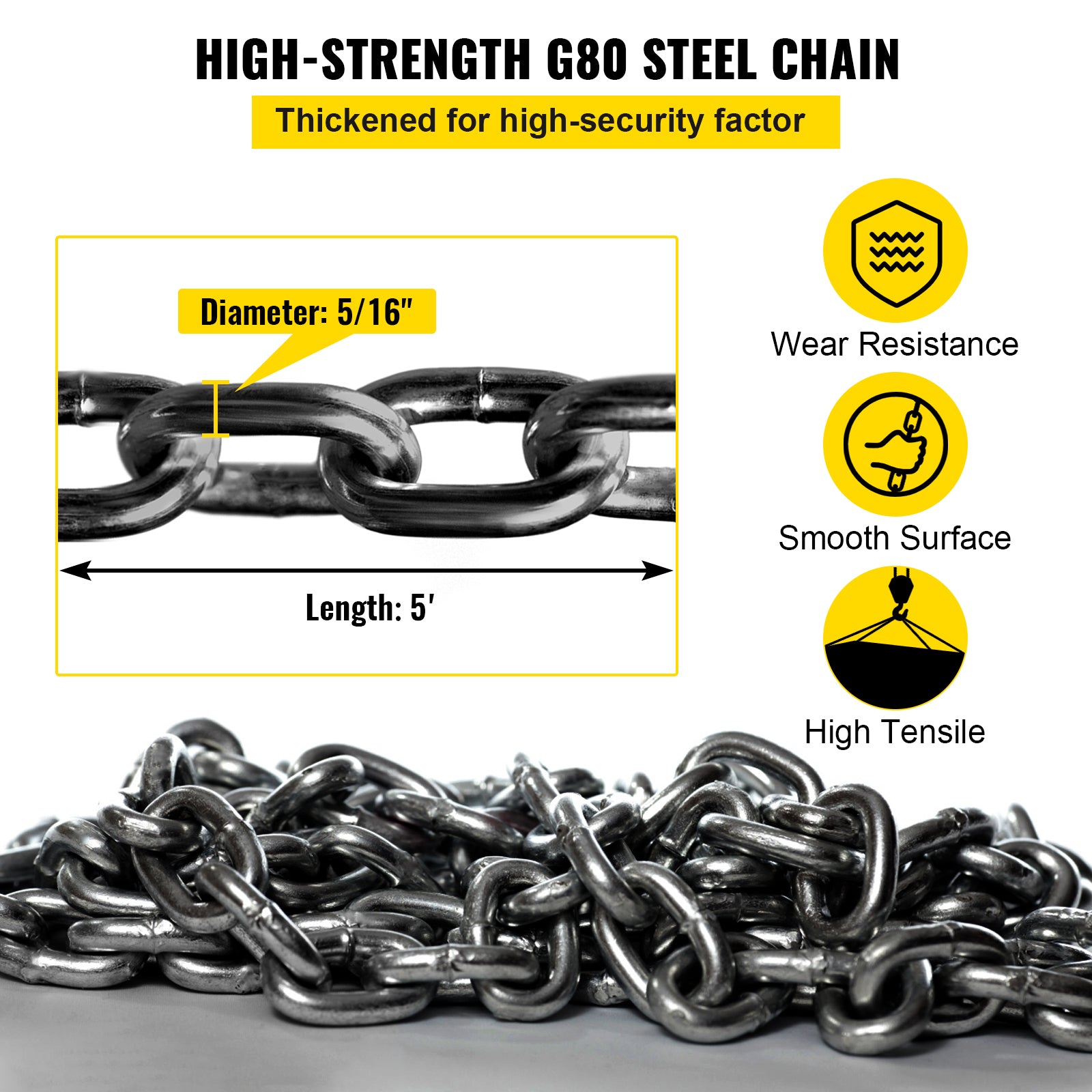 5Ft Chain Sling 5/16 Inch X 5 Ft Engine Lift Chain G80 Alloy Steel Engine Chain Hoist Lifts 3 Ton with 4 Leg Grab Hooks