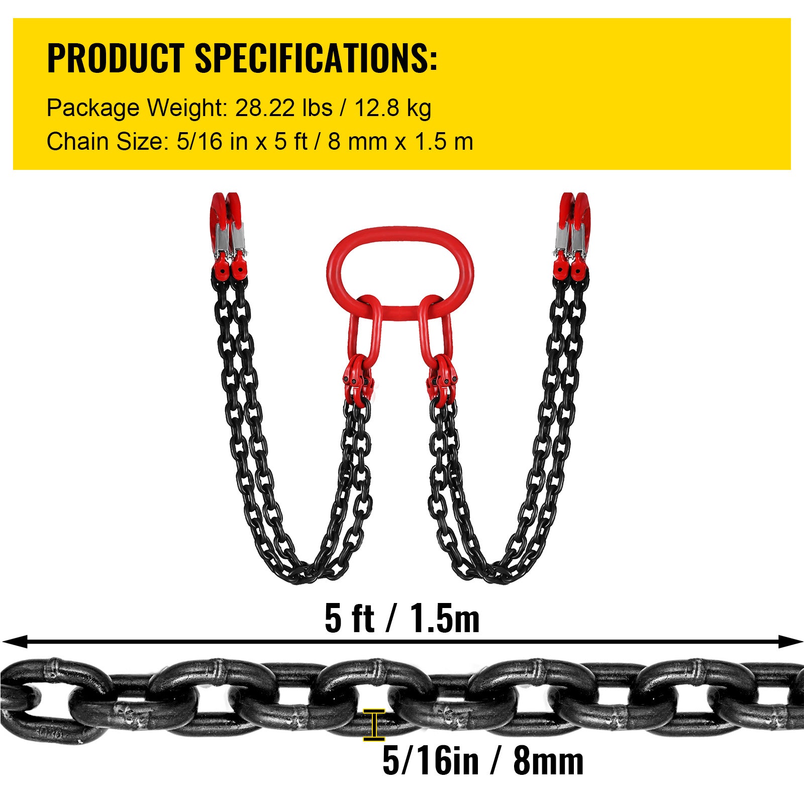 5Ft Chain Sling 5/16 Inch X 5 Ft Engine Lift Chain G80 Alloy Steel Engine Chain Hoist Lifts 3 Ton with 4 Leg Grab Hooks