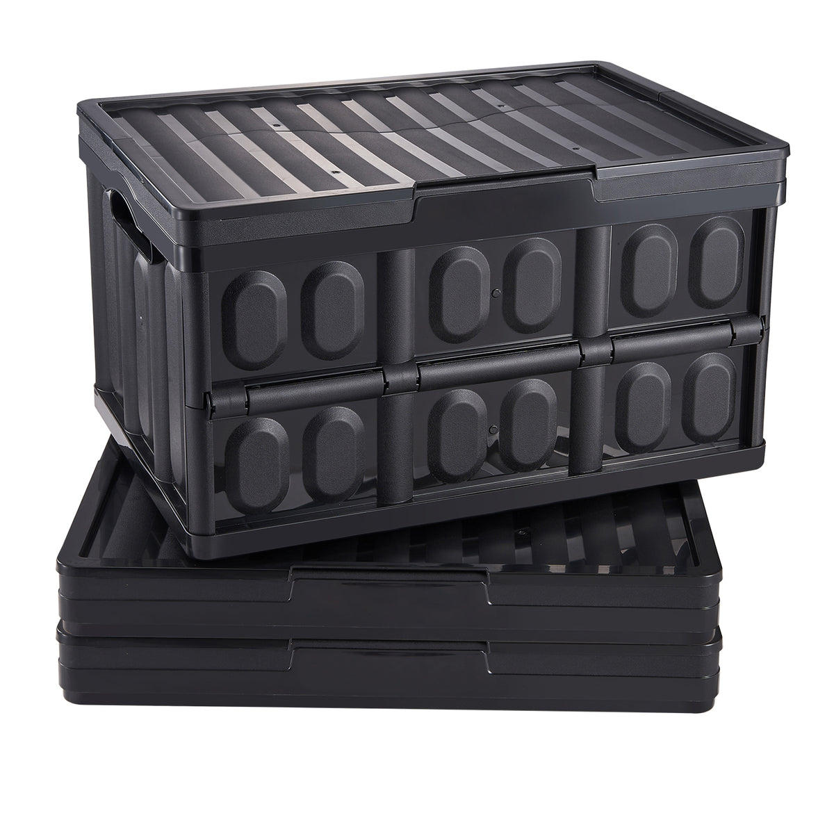 Collapsible Storage Bins with Lids, 45L 3 Packs, Folding Plastic Stackable Utility Crates with Handles, Large Heavy Duty Containers for Clothes, Toys, Books, Snack, Shoes, and Grocery Organizing