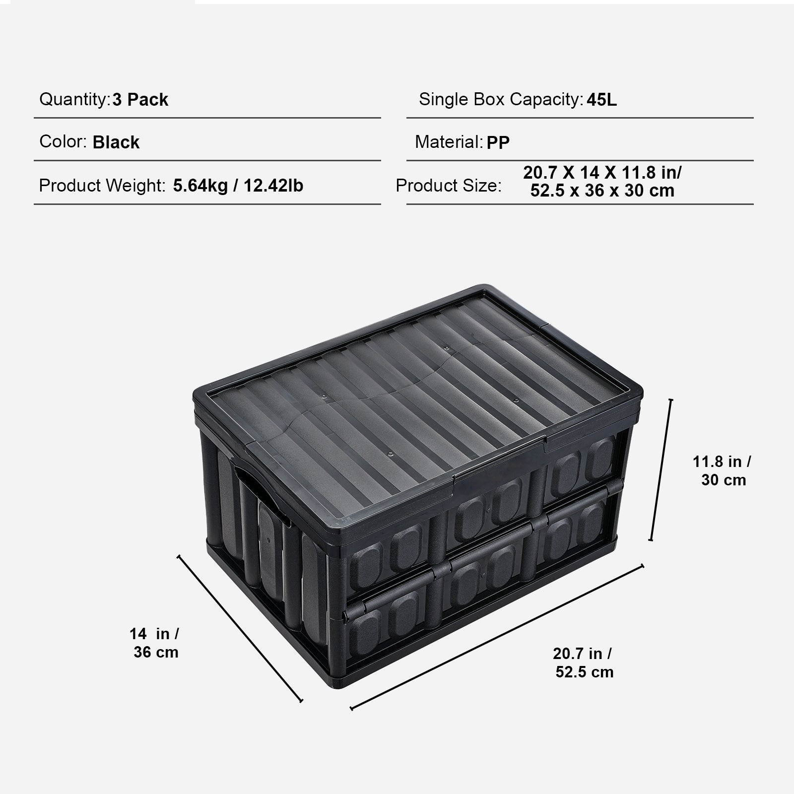 Collapsible Storage Bins with Lids, 45L 3 Packs, Folding Plastic Stackable Utility Crates with Handles, Large Heavy Duty Containers for Clothes, Toys, Books, Snack, Shoes, and Grocery Organizing