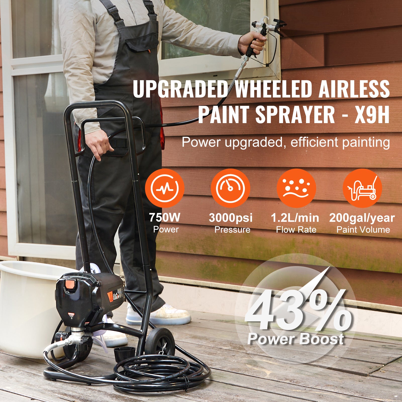 750W Stand Airless Paint Sprayer, 3000PSI High Efficiency Electric Airless Sprayer With Cart, Paint Sprayers for Home Interior and Exterior Furniture and Fences, Fine And Even Painting Effect