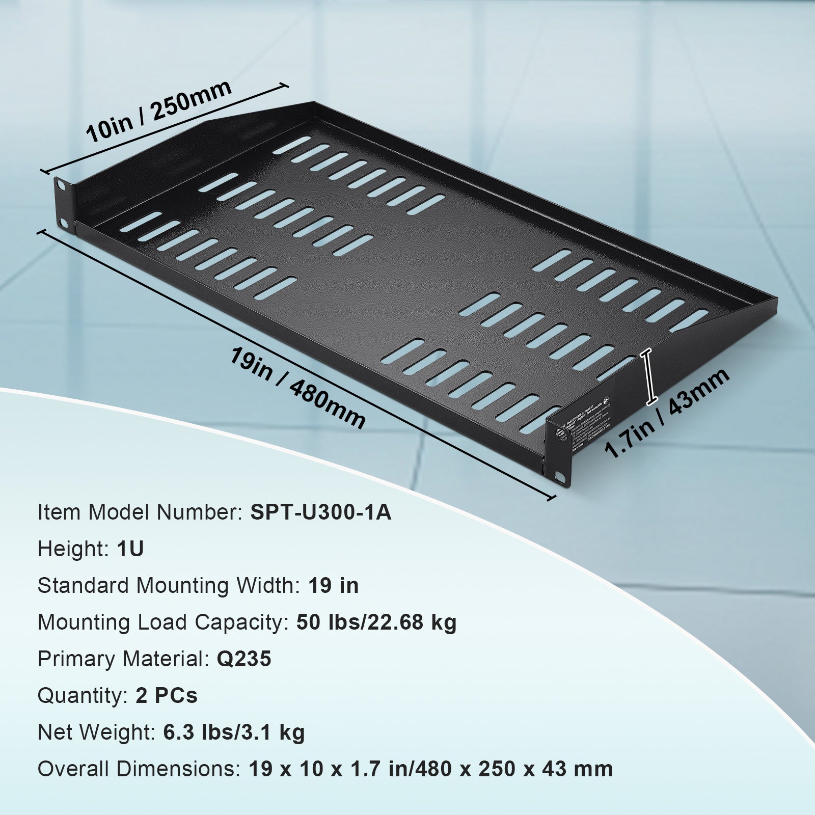 2PCS 1U Server Rack Shelf 10"/254 mm Depth Vented Rack Mount Shelf Tray