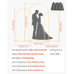Arch Backdrop Stand, Set of 3, 7.2/6.6/6 ft, Stable Structure, Easy Assembly, Gold Metal Arch Backdrop Stand for Wedding, Birthday Party, Graduation, Holiday Celebration, and Ceremony Decoration